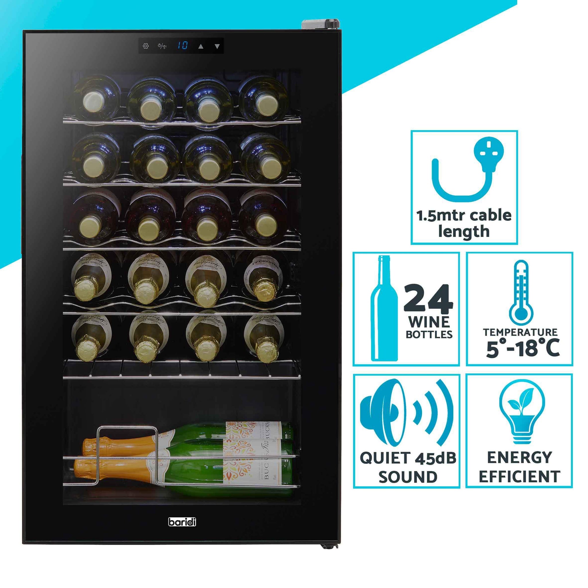 24 Bottle Wine Cooler Fridge with Digital Touch Screen Controls & LED Light, Black - DH9