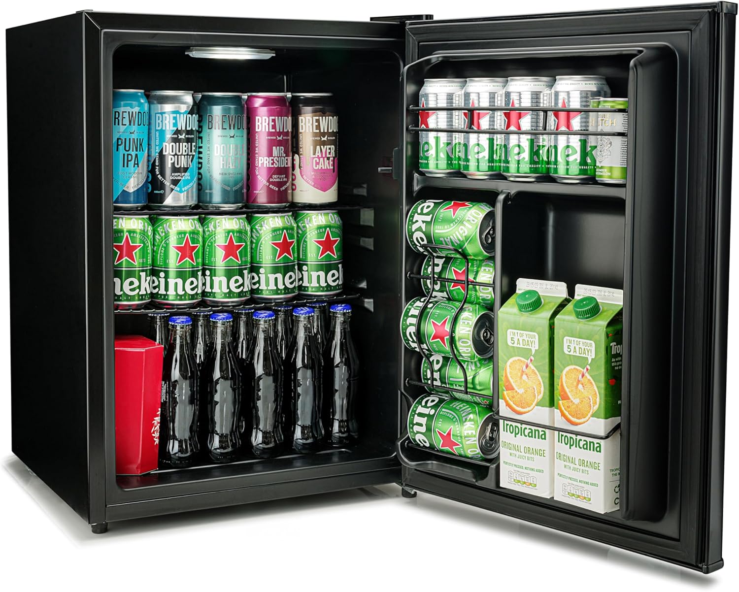 Mini Fridge 50L with Glass Door – Quiet Drinks & Beer Cooler with LED Light | Compact Small Fridge for Bedrooms, Gaming Rooms, Man Caves, Offices & Home Bars – Energy Efficient