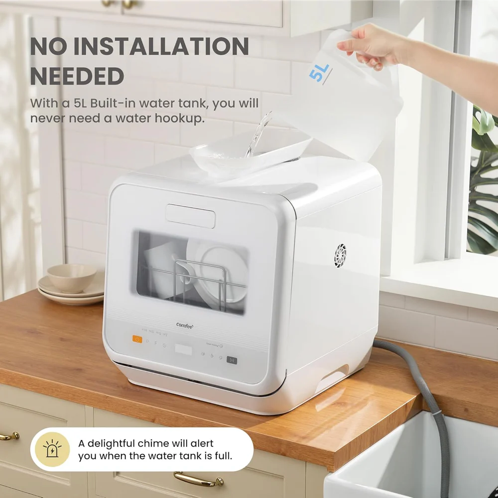 Mini Dishwasher Small Table Top Countertop Dishwasher with Built-in 5L Water Tank, Steam Wash, Ventilated Storage, Energy Class D - White